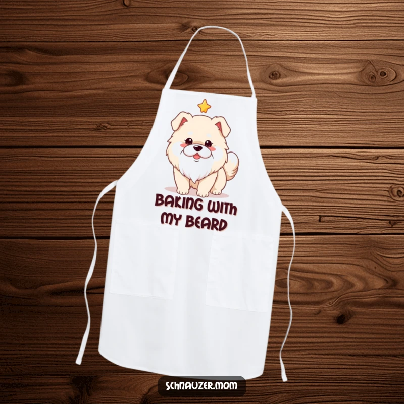 Funny fluffy dog with a stylish white beard, tail wagging happily under a cooking star. Humorous apron graphic.