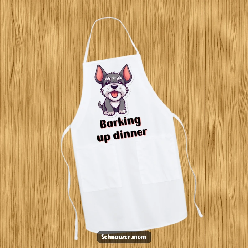 Funny Kawaii Schnauzer apron, ears up, barking playfully, featuring a cute and cheerful dog, ideal for cooking.
