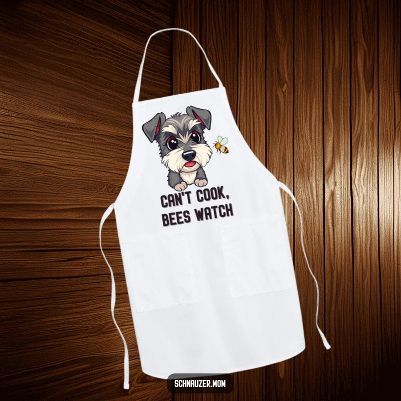 Funny Kawaii Schnauzer Apron, a dog intently watching a bee, great for kitchen fun.