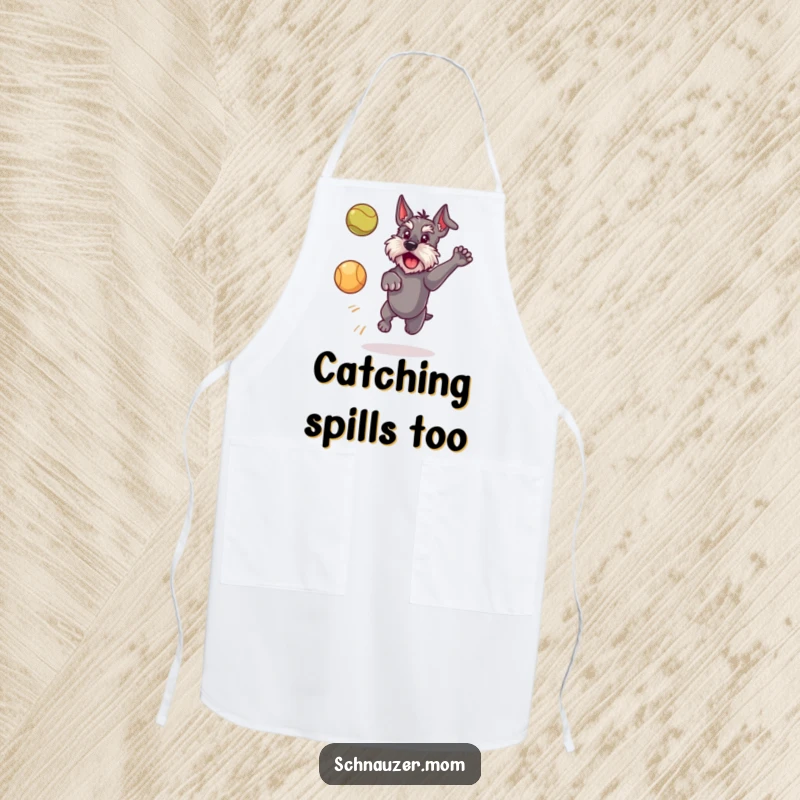 Funny Schnauzer dog apron, illustrating a dog leaping to catch a ball, adding a playful element to kitchen activities and cooking.
