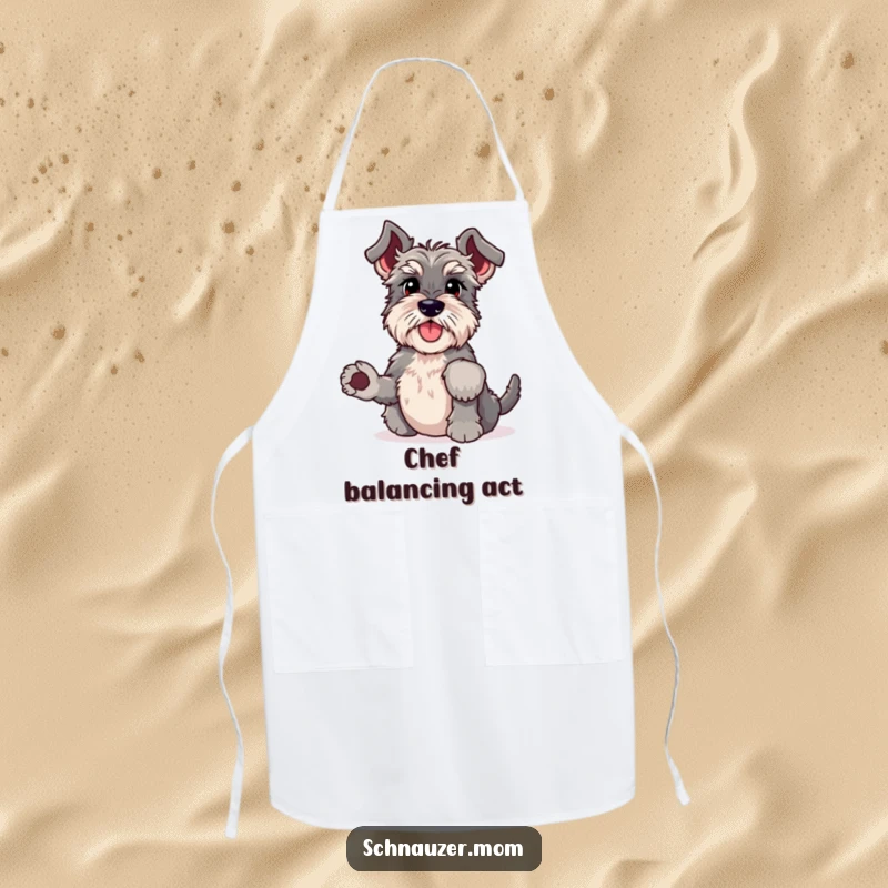 Funny Schnauzer apron doing a headstand with wiggling paws while cooking, a comical and practical kitchen accessory for dog lovers.