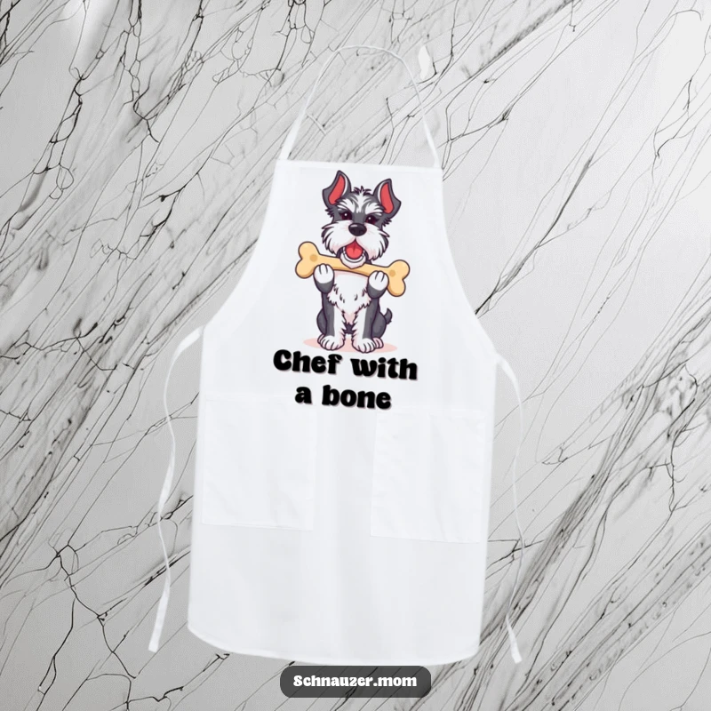 Funny Schnauzer lady apron depicting a dog proudly carrying its favorite bone, bringing proud humor and practicality to kitchen tasks.