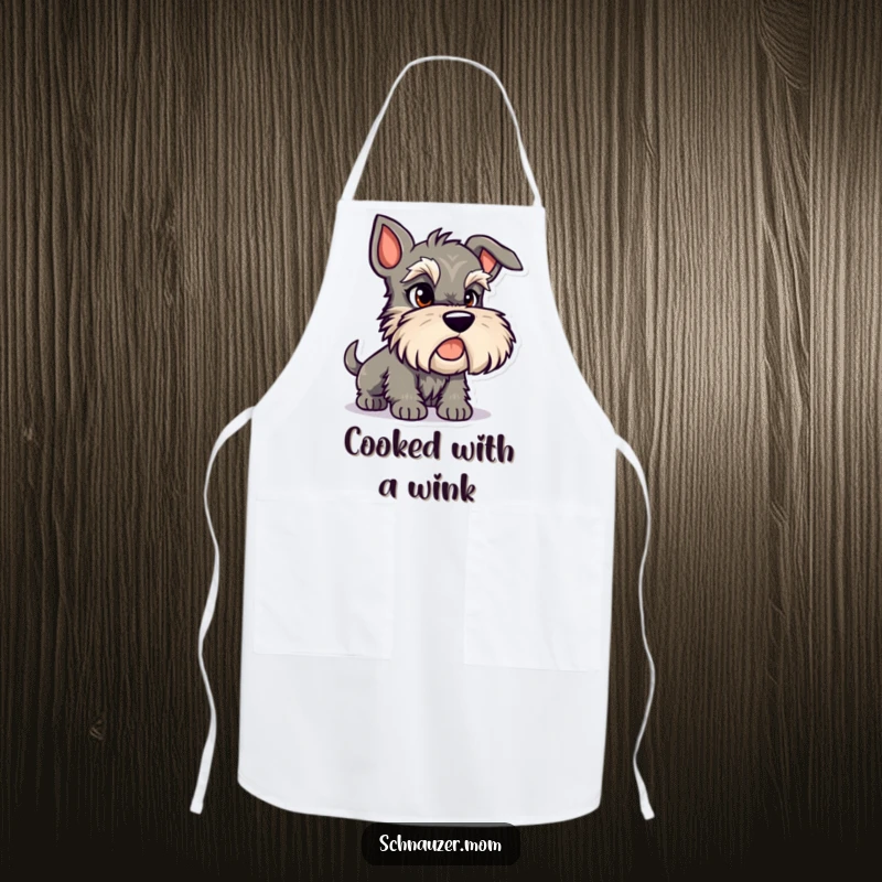Funny Schnauzer apron showing a mischievous dog character with a sly, knowing glint in its eye, ideal for a playful cook.