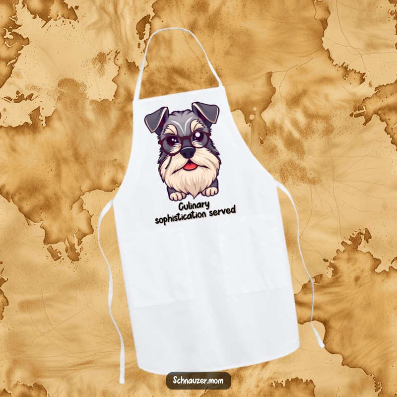 Funny kawaii Schnauzer dog wearing an apron, looking distinguished with a beard and a tiny monocle, adding elegance to the kitchen.