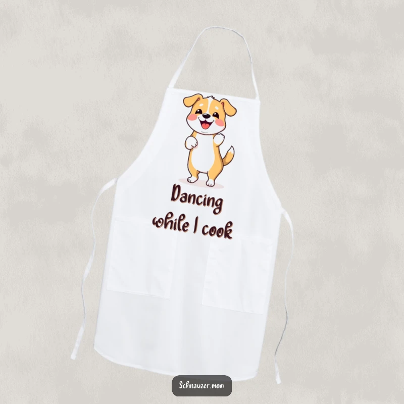 Funny apron featuring a dancing dog wiggling its hindquarters, perfect for kitchen tasks, adding humor and celebration.