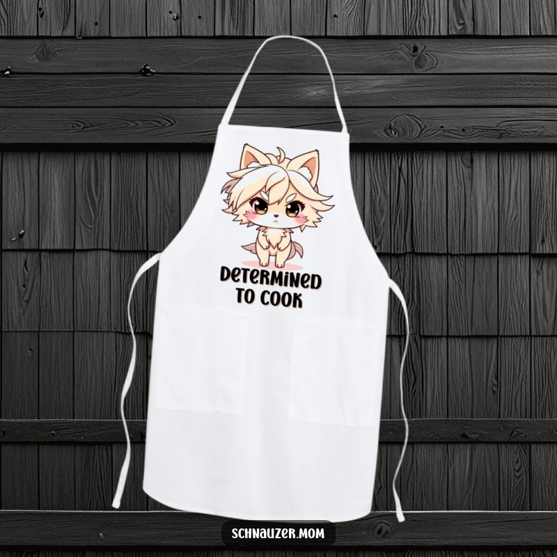 Funny Apron: Character with fur blowing in the wind, looking determined, perfect for kitchen use, bringing humor and protection, a delightful funny gift.