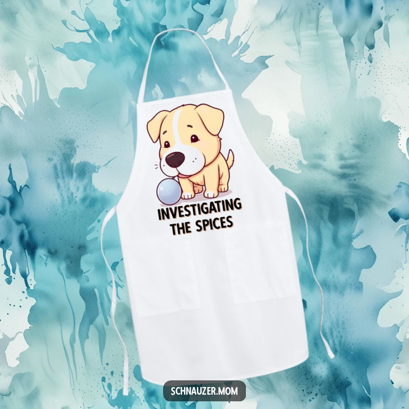 Funny apron featuring a curious dog nudging a shiny object, perfect for kitchen tasks, adding humor and intrigue.