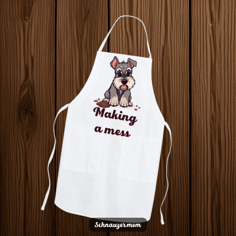 Funny Schnauzer lady apron depicting a dog digging energetically, bringing adventurous humor and practicality to kitchen tasks.