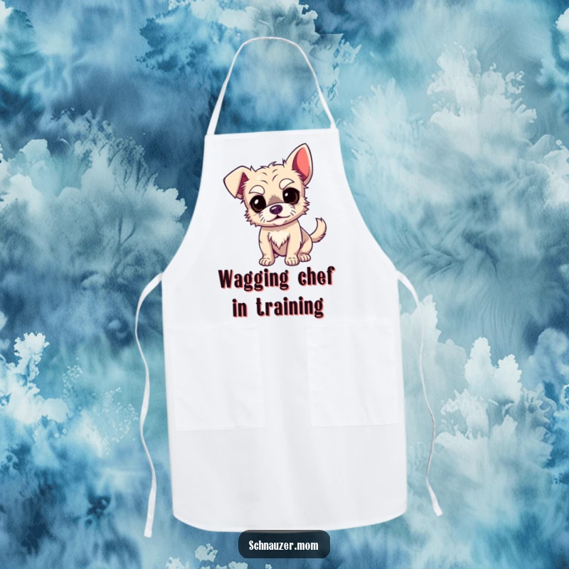 Funny Dog Apron: A cute wiry dog with big, expressive eyebrows and a wagging tail, ready to help in the kitchen with a smile.