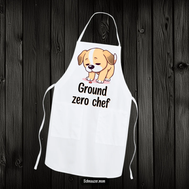 Funny Focused Dog Apron: A dog lowers its head, intensely looking at the ground, ready for kitchen fun with a curious expression.