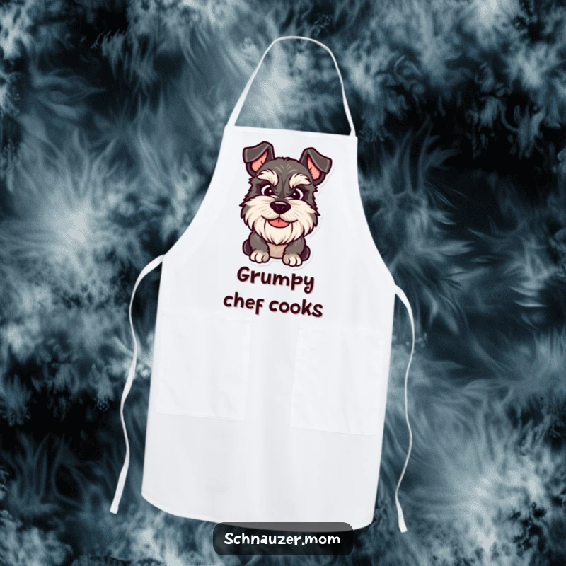 Funny Schnauzer apron featuring a dog with a friendly yet grumpy smile, adding relatable humor to kitchen activities.