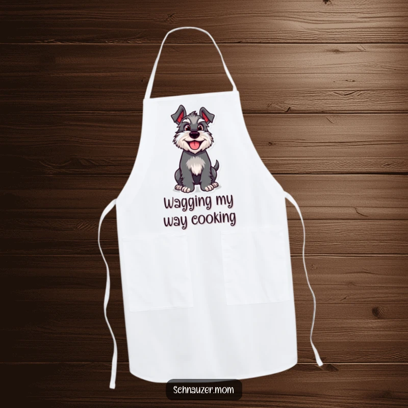 Funny Schnauzer apron showing a happy dog character with an enthusiastically wagging tail, ideal for a dog-loving cook.