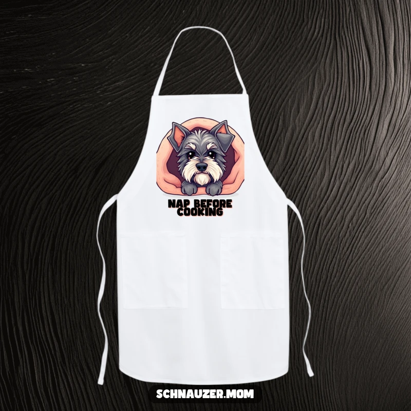 Funny Kawaii Schnauzer apron showing a cute dog peeking out from under a cozy blanket, making kitchen tasks more enjoyable and humorous.