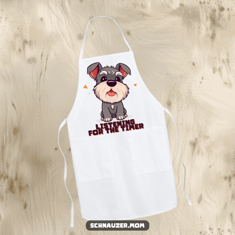 Funny Kawaii Schnauzer Apron, a dog tilting its head to listen, great for kitchen fun.