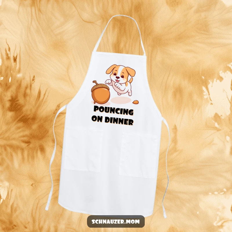 Funny apron featuring a dog pouncing on an acorn, perfect for kitchen tasks, adding humor and playfulness.