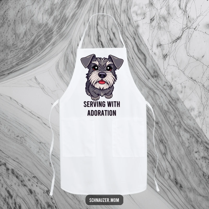 Funny Schnauzer apron with adoring eyes, ready to please, perfect for the loving home cook and dog enthusiast.