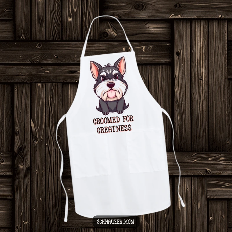 Funny Schnauzer lady apron showing a determined dog with a proud mustache, perfect for adding humor and protection during kitchen activities.