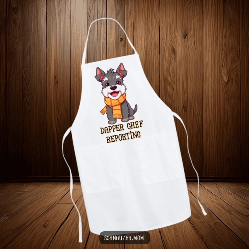 Funny Schnauzer apron showing a delighted dog character wearing a tiny scarf and sporting a wonderfully cheerful smile while cooking.