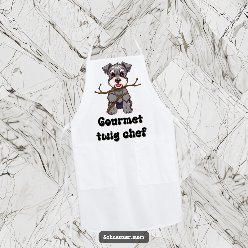Funny Kawaii Schnauzer apron showing a proud dog with a twig, ideal for kitchen tasks and adding a touch of unique flair.