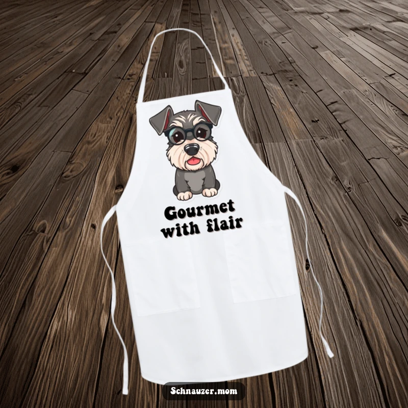 Funny Schnauzer apron featuring a cute dog wearing a tiny monocle, looking distinguished and playfully ready for kitchen duties.