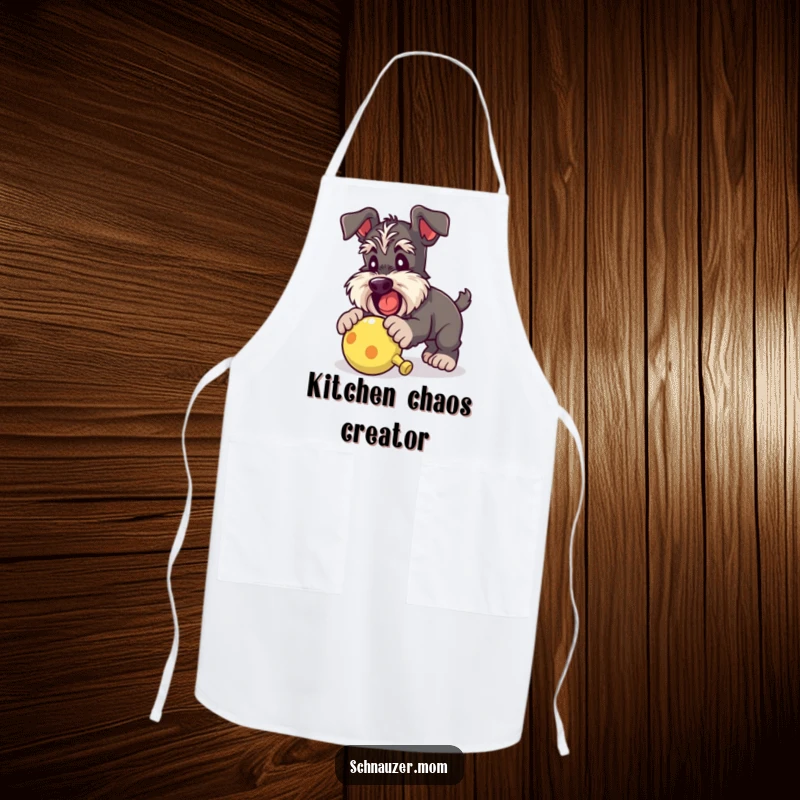 Funny Schnauzer lady apron depicting a dog energetically pouncing on a squeaky toy, bringing playful humor and practicality to the kitchen.
