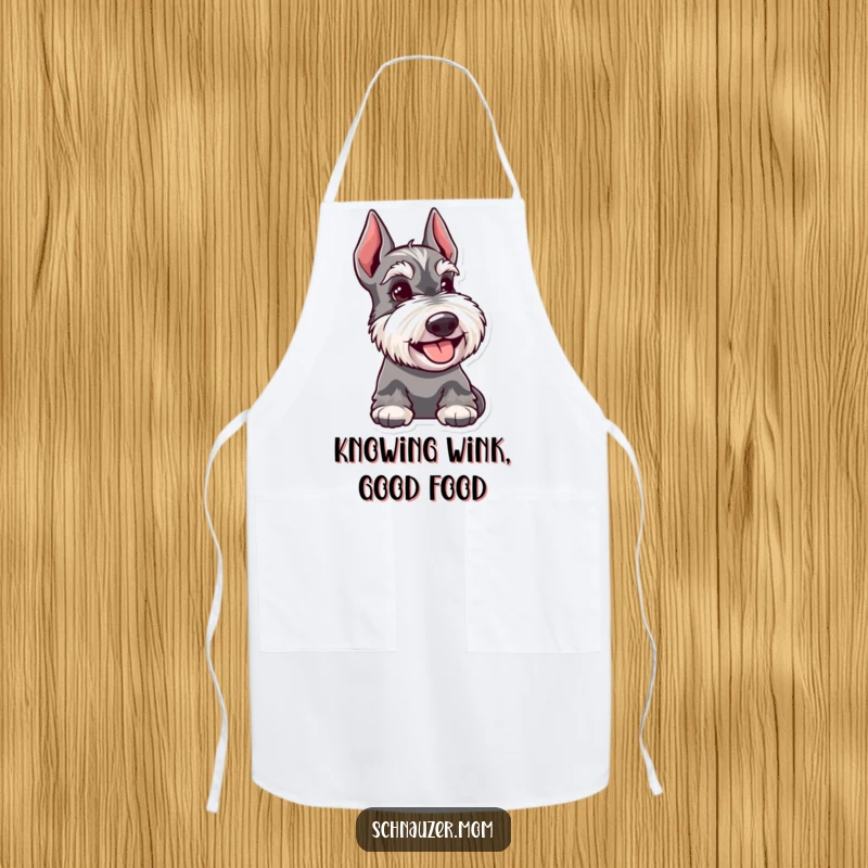Funny Schnauzer dog apron, showing a happy dog with a knowing glance, perfect for adding humor to cooking and baking.