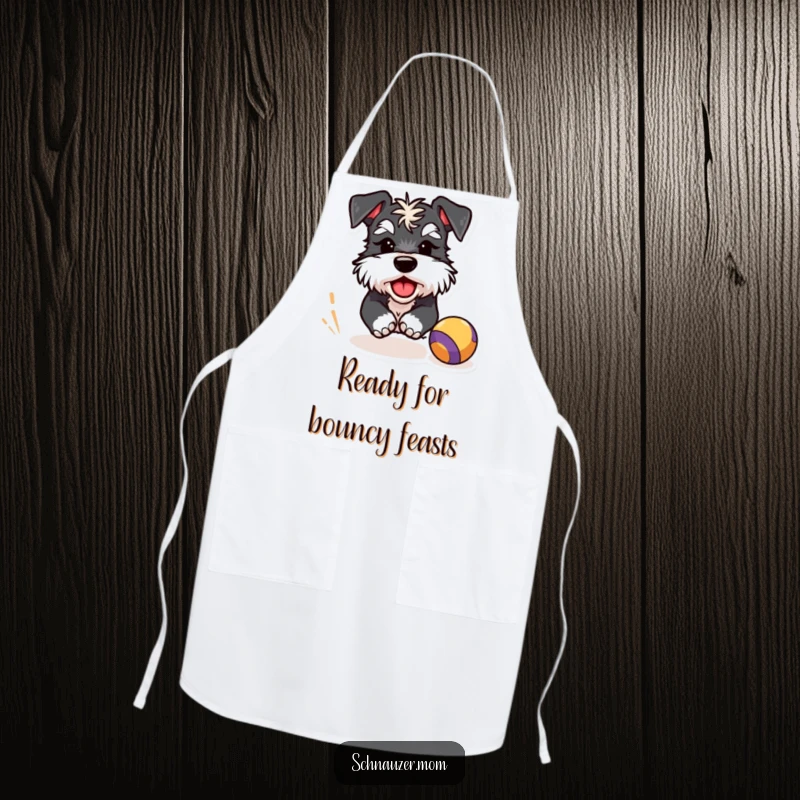Funny Schnauzer apron showing a winking dog character joyfully pursuing a bouncing ball, adding playful humor to kitchen activities.