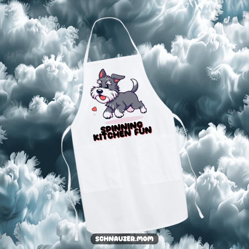 Funny Kawaii Schnauzer apron showing a cute dog chasing its tail with dizzying delight, making kitchen tasks more enjoyable and humorous.