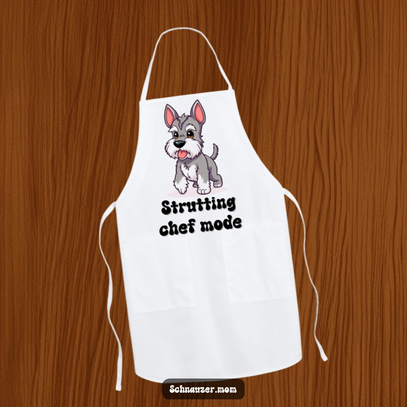 Funny Kawaii Schnauzer apron showing a cute dog performing a proud strut with its stubby tail up, making kitchen tasks more enjoyable and humorous.