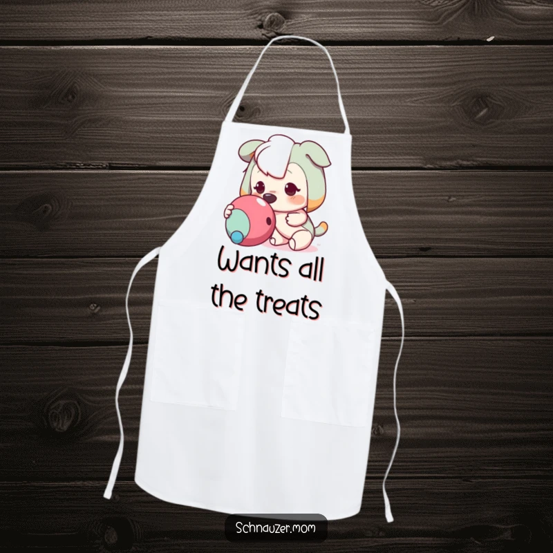 Funny apron showcasing an eager character nudging a toy, perfect for kitchen fun and a humorous cooking companion, great for chefs.