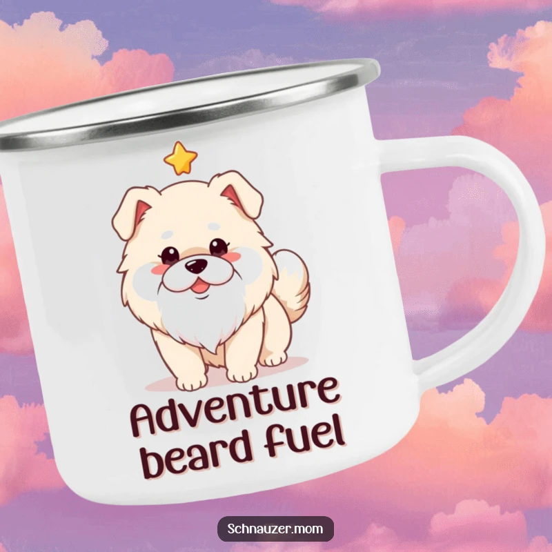 Funny cute fluffy dog with a charming white beard, tail wagging beside a campfire star. Durable camping mug.