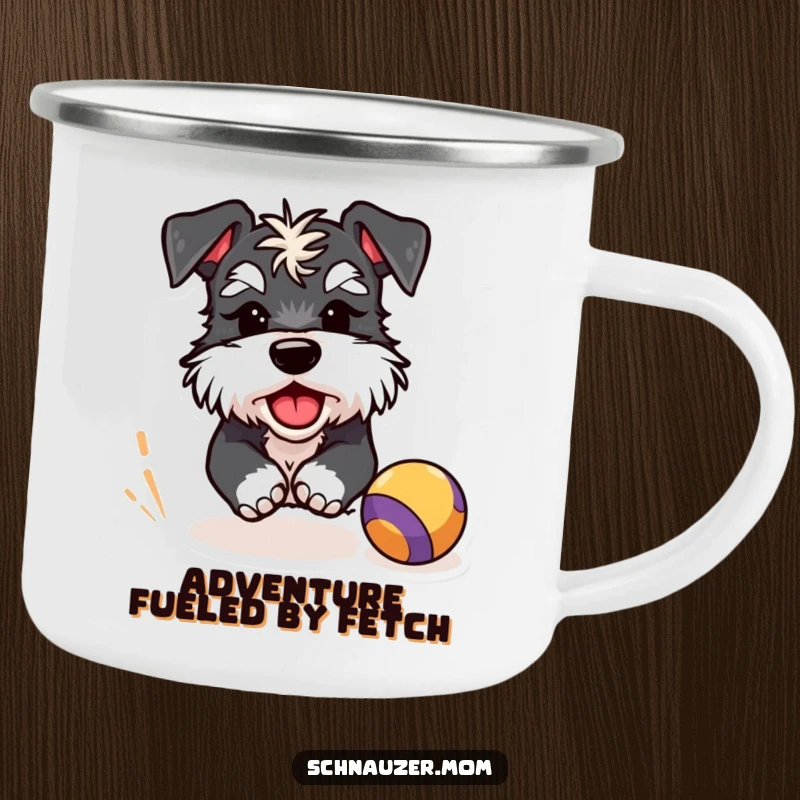 Funny Schnauzer camping mug featuring a winking dog character playfully chasing a bouncing ball, designed for outdoor enjoyment.