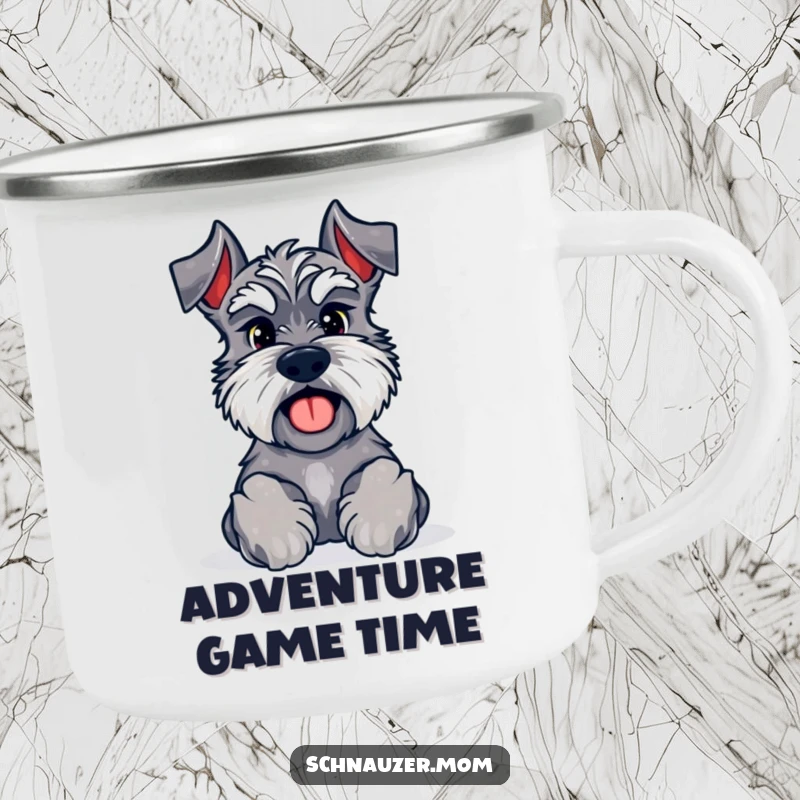 Funny Kawaii Schnauzer camping mug with paws forward, inviting a game, perfect for outdoor enthusiasts who love play.