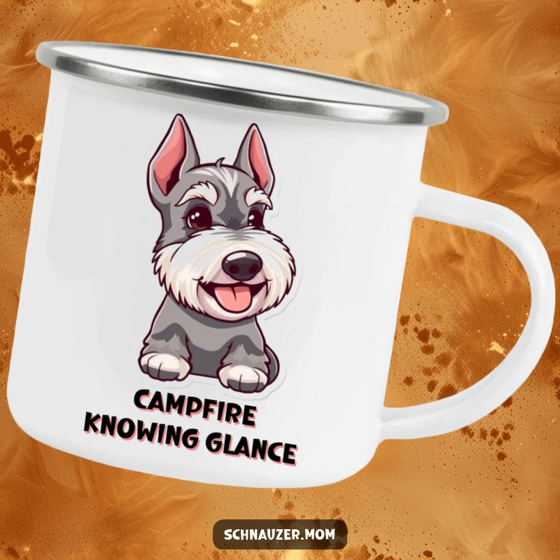 Funny Schnauzer dog camping mug, depicting a happy dog with a knowing glance, perfect for enjoying drinks in the great outdoors.