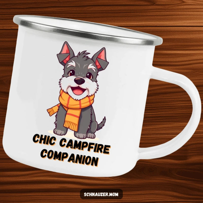 Funny Schnauzer camping mug featuring a delighted dog character wearing a small scarf and smiling cheerfully, ideal for outdoor enjoyment.