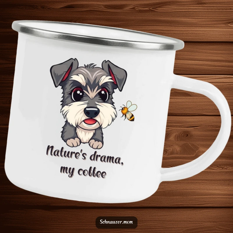 Funny Kawaii Schnauzer Camping Mug, featuring a dog intently watching a bee, perfect for outdoor enthusiasts.