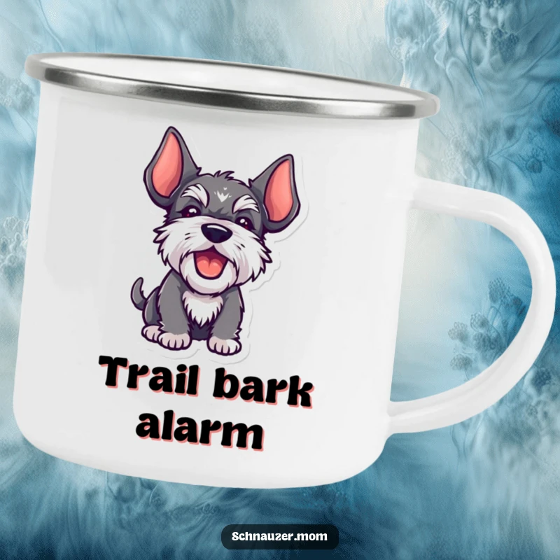 Funny Kawaii Schnauzer camping mug, ears up, barking, depicting a cute and energetic dog for outdoor use.