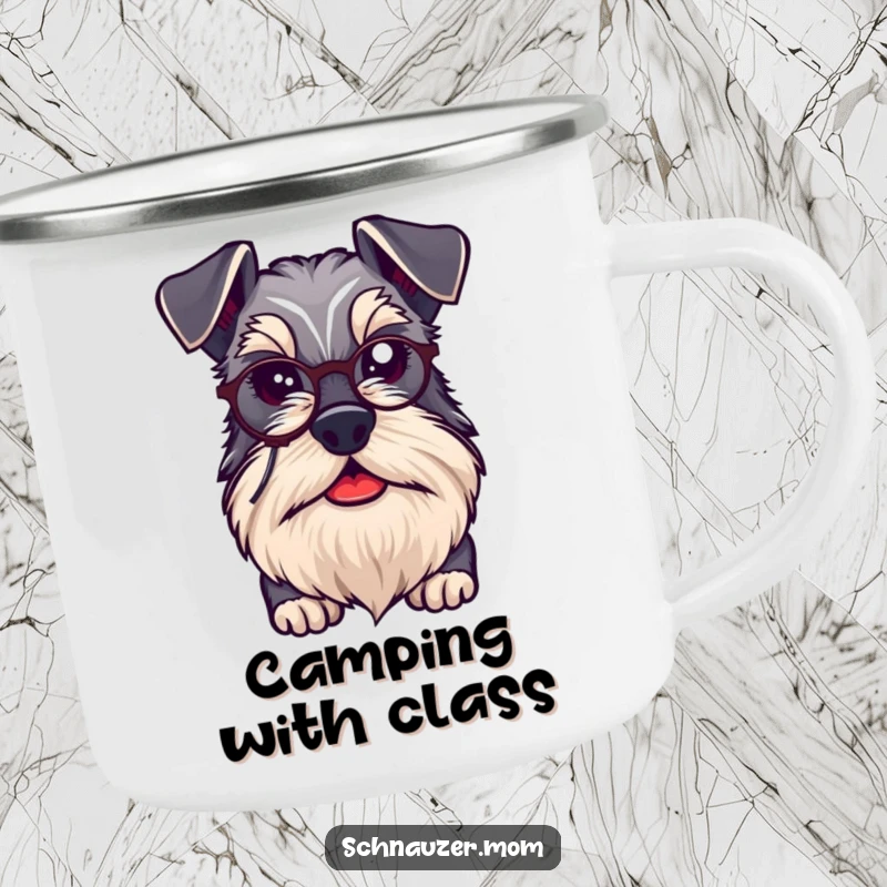 Funny kawaii Schnauzer dog looking distinguished with a beard and monocle on a durable camping mug, perfect for refined adventures.