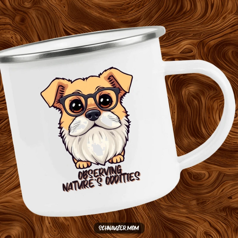 Funny dog with a distinguished beard and tiny spectacles, looking curious. Durable camping mug.