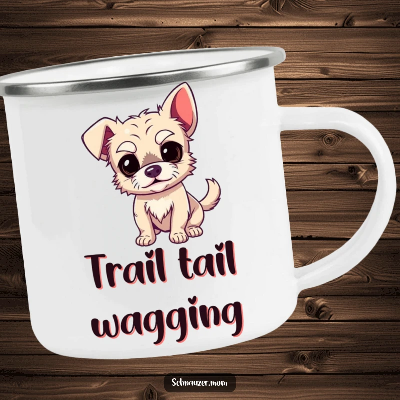 Funny Camping Mug: A wiry dog with expressive eyebrows and a wagging tail, ready for outdoor fun and hot beverages.
