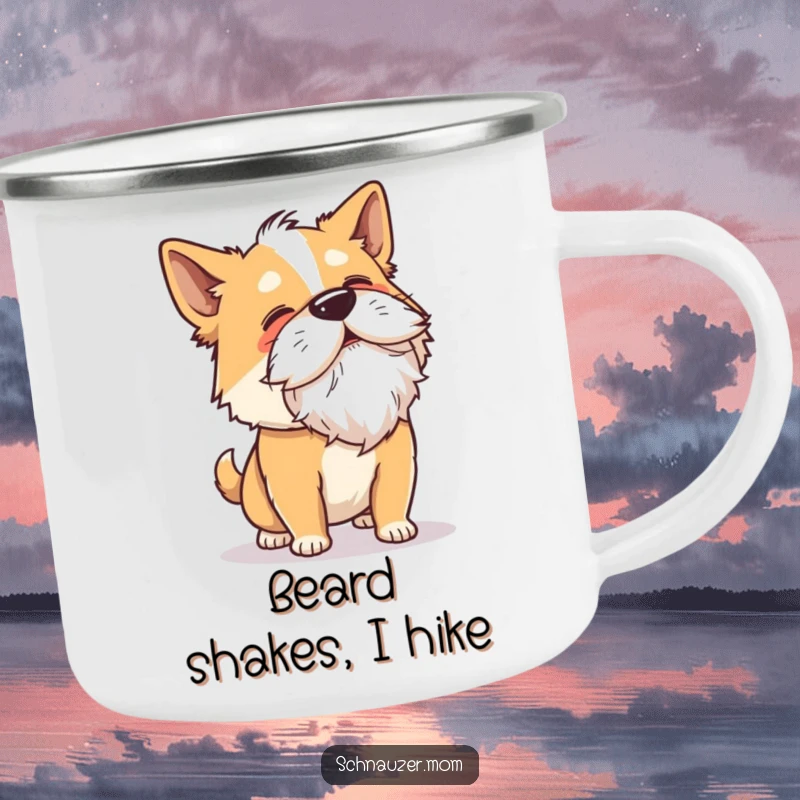 Funny Camping Mug: A dog shakes its head vigorously, its beard flying, bringing comical fun to your outdoor experience.