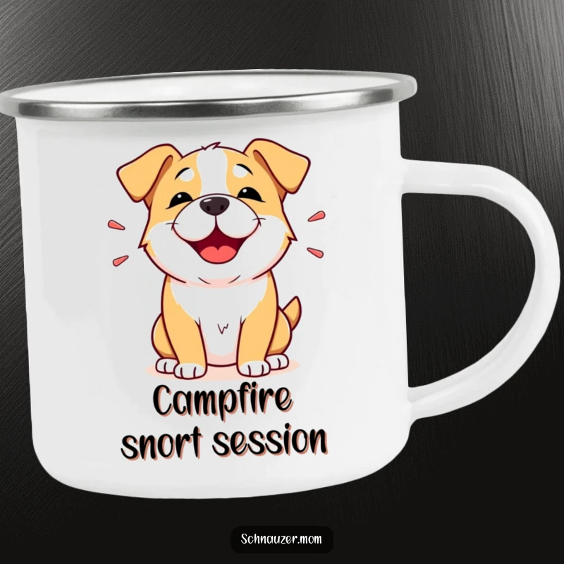 Funny Camping Mug: A dog's face depicts a happy snort of amusement, bringing fun to your outdoor experience.