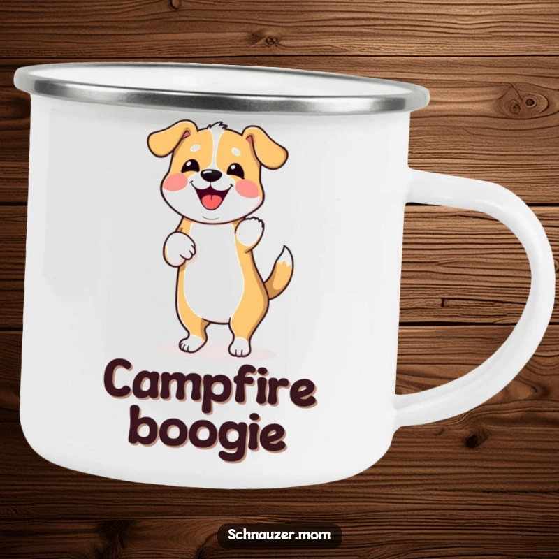 Funny camping mug featuring a dancing dog wiggling its hindquarters, symbolizing celebration during outdoor adventures, a great gift.