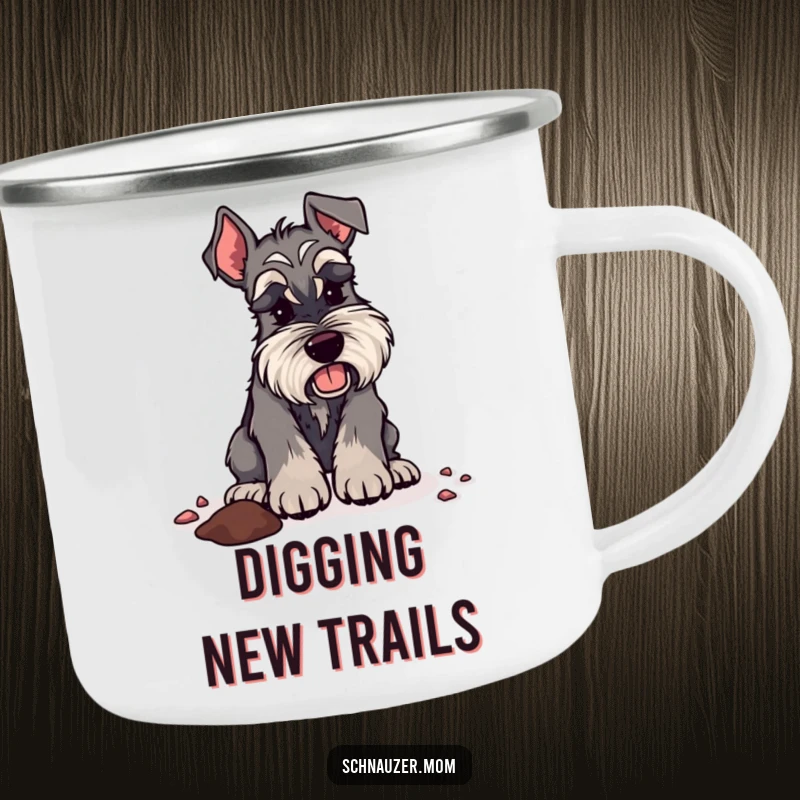 Funny Schnauzer lady camping mug showing a dog digging energetically, ready for outdoor adventures and humorous tales.