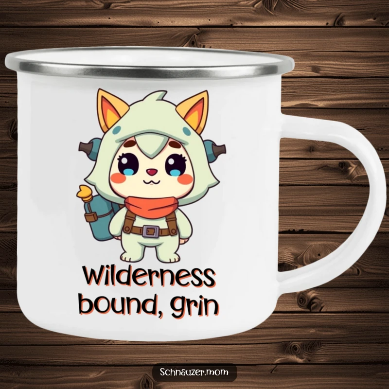 Funny Camping Mug: Durable enamel mug with a character ready for adventure and a happy grin, perfect for outdoor trips and cheerful sips, a great funny gift.