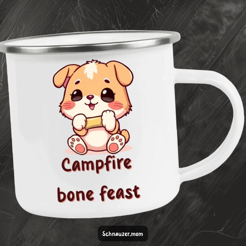 Funny Camping Mug: Durable enamel mug with a character holding a small bone with glee, perfect for outdoor trips and cheerful sips, a great funny gift.