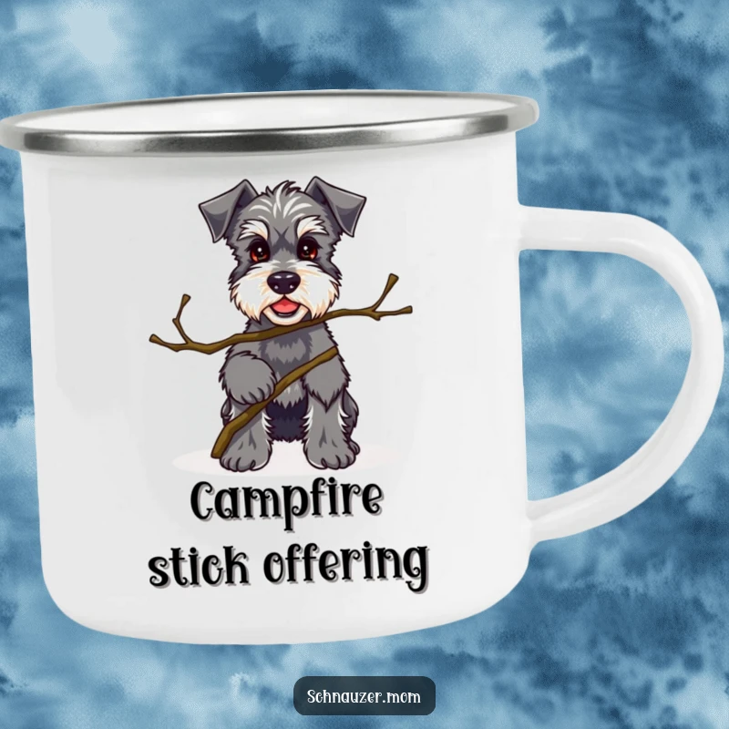 Funny Kawaii Schnauzer camping mug featuring a proud dog with a twig, perfect for adventurous souls and appreciating nature's finds.