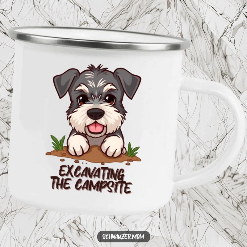 Funny Schnauzer camping mug featuring a dog with a determined expression enthusiastically digging in the dirt, durable and fun.
