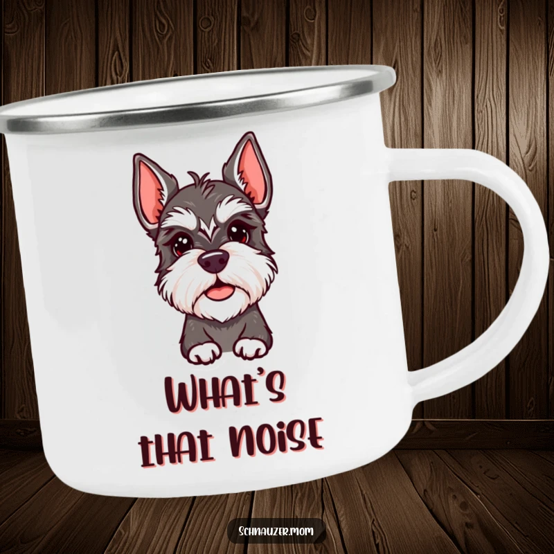 Funny Schnauzer Lady Camping Mug featuring a dog with an inquisitive, quizzical head tilt. Great for outdoor thought, a funny gift.