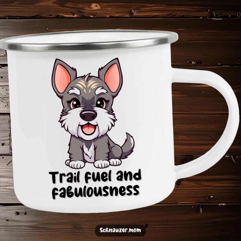 Funny Schnauzer Lady Camping Mug featuring a dog with a sly smirk and a happy wagging tail around the campfire. A funny gift.